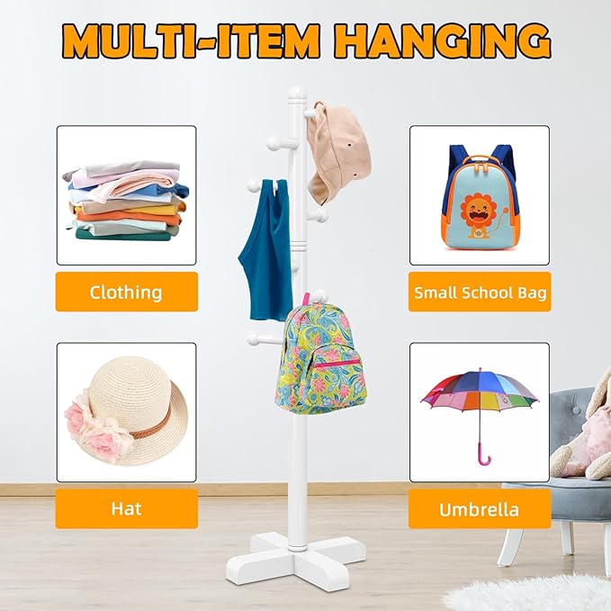 Coat Rack, Freestanding Coat Racks with 8 Hooks 2 Adjustable Height, Tree Coat Rack for Bedroom, Hallway, Entrance, Office, Hats, Handbags,Purse (White)