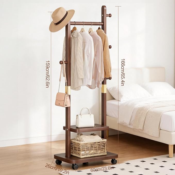 Solid Wood Coat Rack for Entryway Bedroom Corner 2-Tier Freestanding Clothing Stand with Wheels & 5 Hooks & Storage Shelves Heavy Duty Rolling Clothes Rack with Hat Hanger