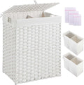 Greenstell Laundry Hamper with 2 Removable Liner Bags，90L Divided Clothes Hamper, Handwoven Synthetic Rattan Foldable Laundry Basket with Lid and Handles White (18.5 x 13.3 x 24.0Inches)