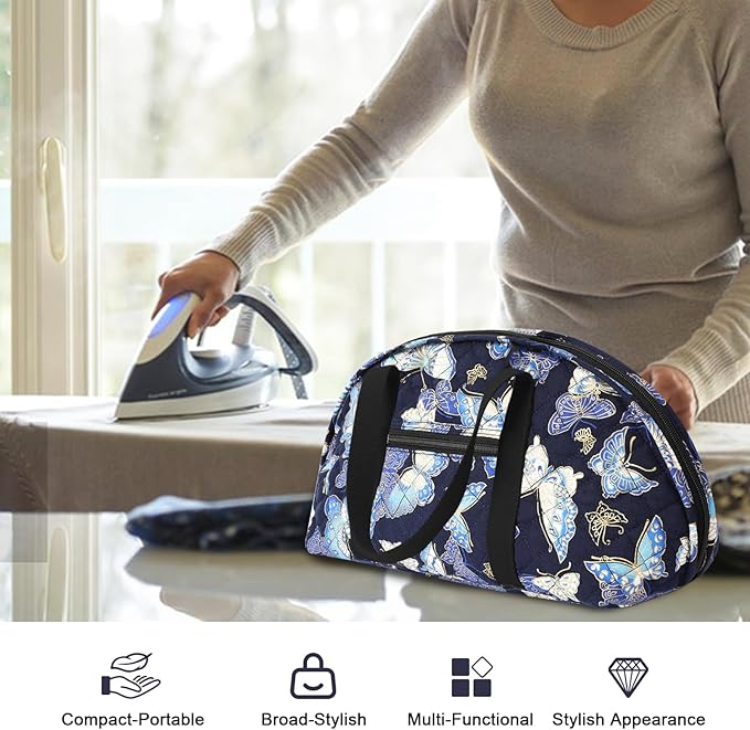 KOKNIT Full Size Iron Storage Bag, Stylish Portable Steam Iron Bag, Christmas Gift Tote For Ironing accessories & Travel (Navy Butterfly)