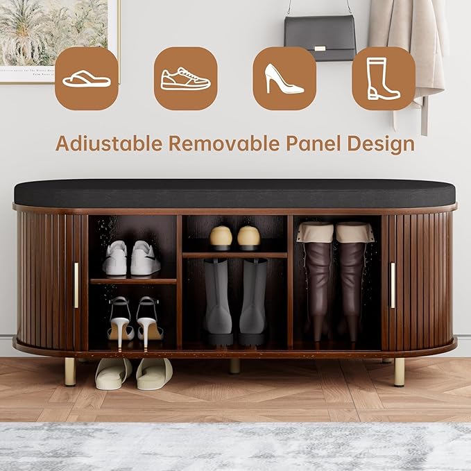 Entryway Bench with Storage: 43.31" Wooden Bedroom Shoe Bench with Thickened Padded Seat Cushion, Mid Century Modern Fluted Sliding Door and Adjustable Shelf, for Entryway, Living Room