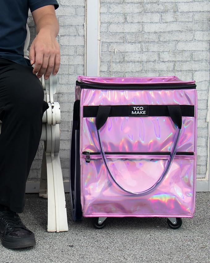 Reusable Grocery Bag on Wheels, Rolling Shopping Bags with Wheels and Handle, Folding Rolling Tote Trolley, Zipper Cover, Carries Up to 22 LBS, Easy Transportation (Small, Phantom Pink)