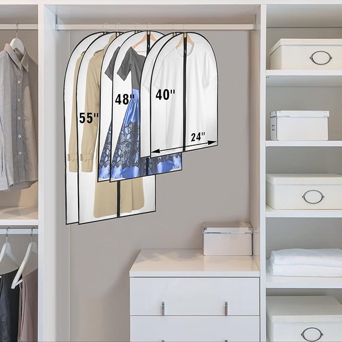 Garment Bags for Hanging Clothes, Clear Proof Suits Covers with 4" Gussets for Closet Storage and Travel Hanging Clothes Bag for Coat, Sweater, Jacket, Dress, Shirts (10 Pack - 24" x 48")
