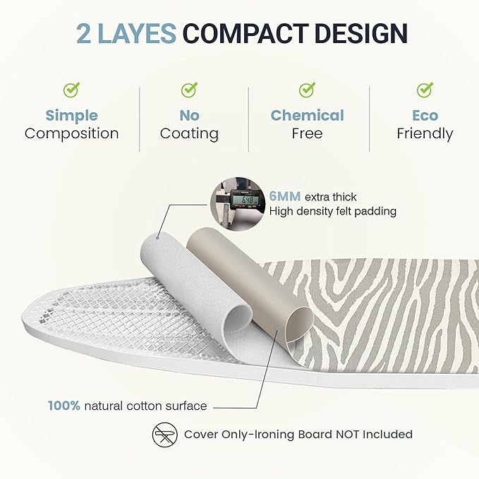 Ironing Board Cover and Pad 18"x49" Extra Thick Natural Cotton, Scorch and Stain Resistant Padding, Extra Wide Iron Board Cover with Fasteners Heavy Duty Elastic Edge, Heatproof Zebra