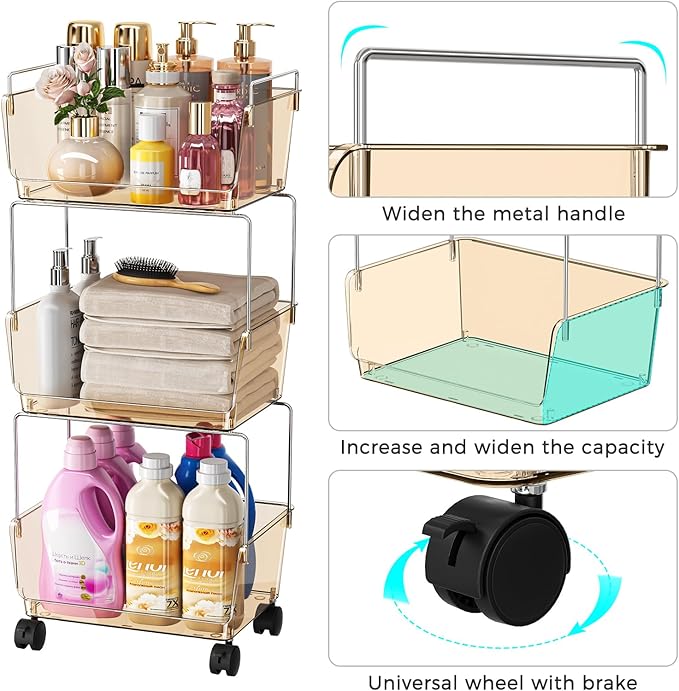 Delamu 3-Tier Metal Rolling Cart for Kitchen, Bathroom, Office, Plastic Utility Storage Carts with Wheels, Ideal for Small Spaces, Pantry, Classroom, Workshop Organization and Storage, Amber
