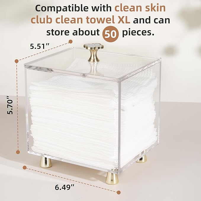 Disposable Facial Towel Holder Acrylic Storage Box Compatible with Clean Skin Club Clean Towel XL，Acrylic Face Towels Holder for Face Towelettes Bathroom Counter Storage, Organizer (Only box)