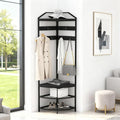 Garvee Corner Coat Rack with Storage, Simple Hall Tree with Mesh Shelves, Anti-Toppling Devices, Freestanding Metal Clothes Rack Shoes Shelf Organizer for Entryway Bedroom Black