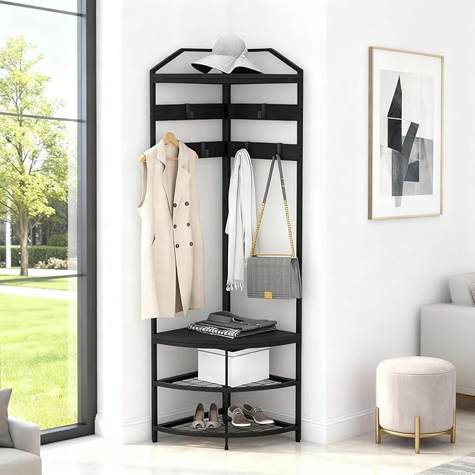 GarveeHome Corner Coat Rack, Coat Rack with 4 Shelves, Shoe and Coats Racks for Entryway, Heavy Duty Coats Racks with 6 Movable Hooks, Entryway Hall Tree for Hallway Bedroom and Office Black