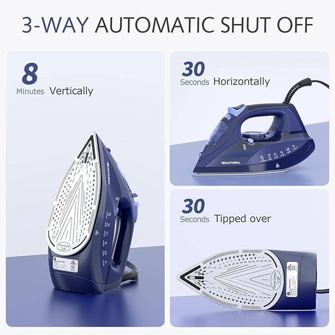 BEAUTURAL Steam Iron for Clothes with Precision Thermostat Dial, Ceramic Coated Soleplate, 3-Way Auto-Off, Self-Cleaning, Anti-Calcium, Anti-Drip Blue
