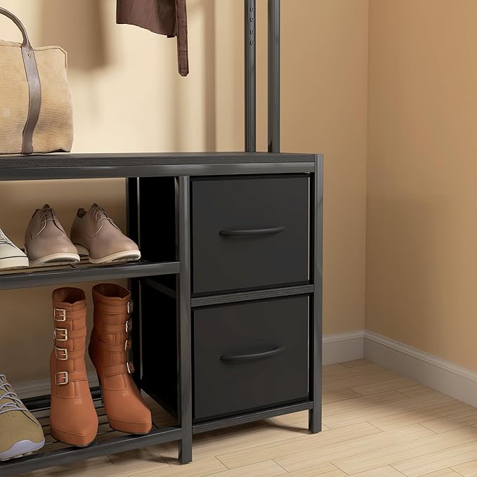 HOMCOM Hall Tree with Bench and Shoe Storage, 5-in-1 Entryway Bench with Coat Rack, 3 Storage Compartments, 5 Coat Hooks, 2 Fabric Drawers, Distressed Black