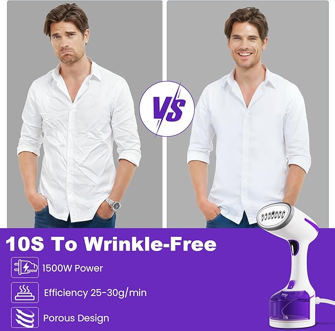 DBC Steamer for Clothes 1500W, 20S Fast Heat-up Portable Handheld Steamer for Clothes, 2 in 1 Fabric Wrinkle Remover with Fabric Brush, 250ml Water Tank, Ideal for Home, Office, Travel, Purple