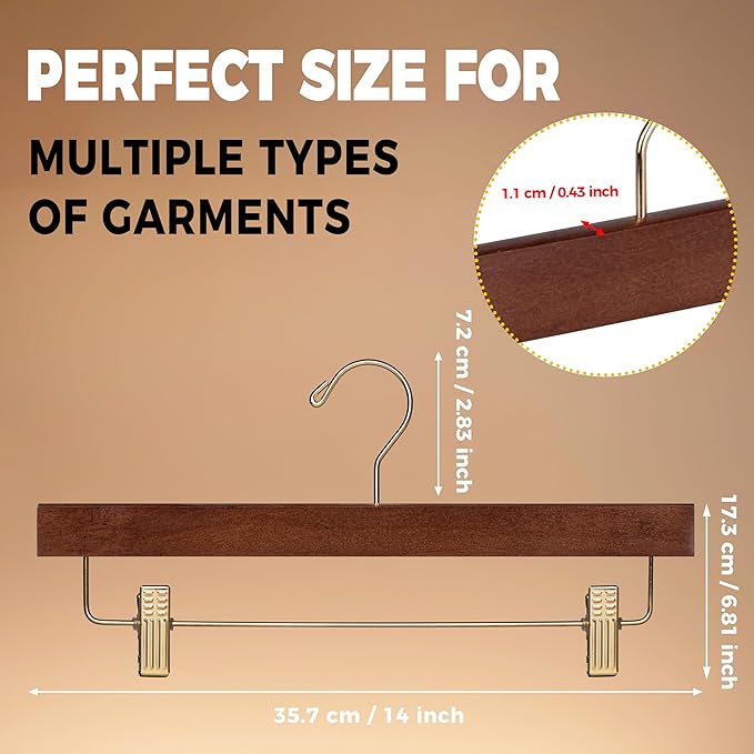 Quality Hangers Wooden Pants Hangers - 20-Pack Swivel Hook Cloth Hanger Set - Lotus Wood Skirt, Pant, Shorts and Slack Hangers with Adjustable Clip (Walnut - Gold Hook, 20)