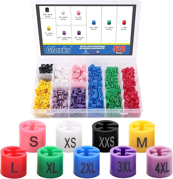 Glarks 420Pcs 9 Colors『XXS - 4XL』Colored Hanger Sizer Garment Size Markers Color Coded Size Clips Assortment Set Fit for 2-4mm Hanger Hook Used for Wire Hangers