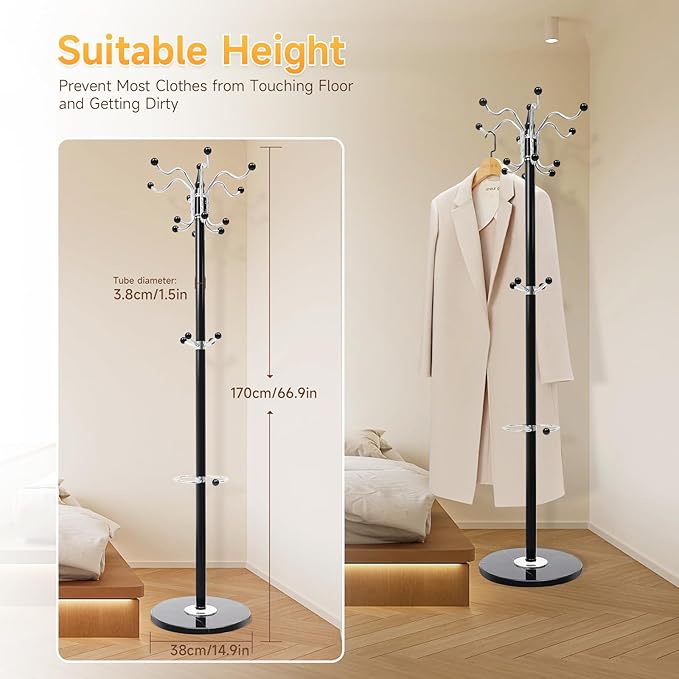 Coat Rack Freestanding, Modern Coat Rack with Natural Marble Base, Metal Freestanding Coat Rack with 16 Hooks, Entry-way Coat Racks Stand, Standing Coat Tree Rack (Black)