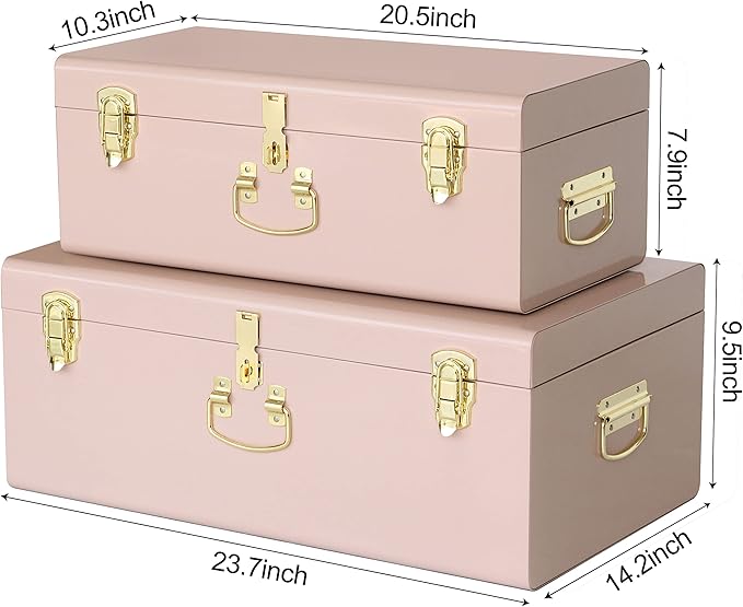 Vixdonos Decorative Metal Box Storage Trunks Set of 2 College Dorm Chest with Handle (Pink)