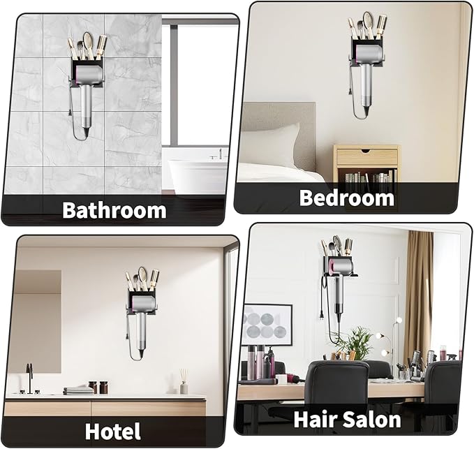 Hair Dryer Holder Wall Mounted, Hair Tools Organizer, Bathroom Space-Saving Blow Dryer Organizer Curling Irons Storage Wall Mounted Black (Self-Adhesive and Drilling)