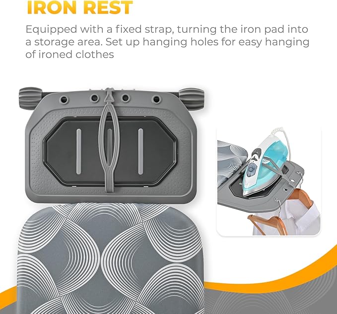 KINGBOARD Ironing Board, Metal Panel Iron Board Full Size with Iron Rest, Compact Iron Board with 7 Height Adjustable, Heavy Duty Folding Iron Stand with Hanger, 15x45 Grey