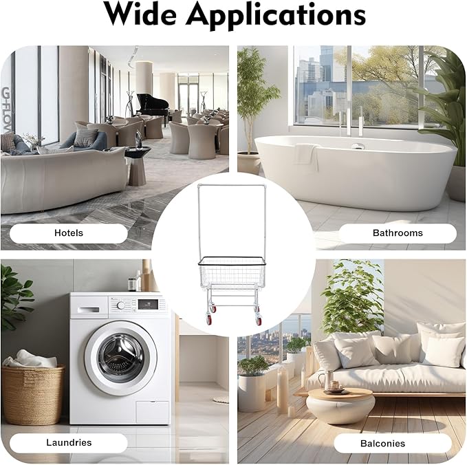 Rolling Laundry Bakset, 27 * 22 * 67Inch Heavy Duty Steel Wire Laundry Cart with Double Pole Rack Rectangular Laundry Hamper Butler Cart with Wheels for Laundries Transporting Clothes Towels