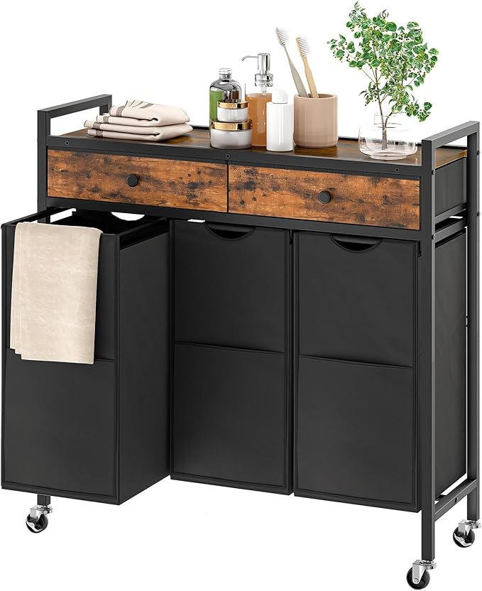 HOOBRO Laundry Sorter 3 Section, 130L Laundry Hamper with 2 Drawers, Rolling Laundry Basket, Pull-Out and Removable Laundry Bags for Laundry Room Organization, Rustic Brown and Black BF78XY01