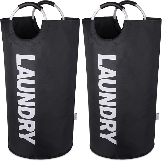 Laundry Basket 2 Pack Collapsible, Freestanding Clothes Hamper Bag with Handles – Tall Folding Dirty Laundry Bin，Sturdy Laundry Sorter for College Dorm, Laundry Room – 95L (Black)