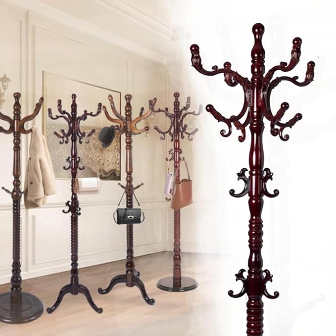 Coat Rack Freestanding,Solid Wooden Coat Rack Stand with 3 Height Options,14 Hooks, Natural Birch Coat Tree Easy to assemble for Clothes Jacket Hat bag Entryway (mahogany) (mahogany 2)