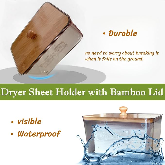 Dryer Sheet Holder with Bamboo Lid,Acrylic Laundry Clear Dryer Sheets Dispenser Container Box for Laundry Room Organization and Storage Holds Sheets,Balls,Clothes Pins,Laundry Pods (1 Pcs/2 Labels)