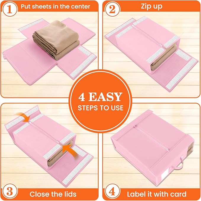 WOWBOX Sheet Organizers and Storage,Closet Bed Sheet Organizer Under Bed Storage and Organization with Label Cards & Clear Window for Bedding Sheets,Duvet Covers,Blankets (6 Pack，Pink)