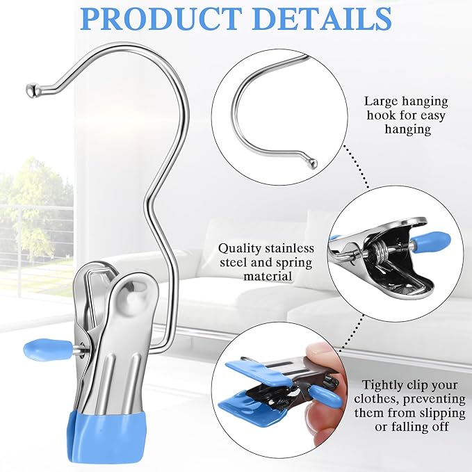 Yinder 250 Pcs Boot Hangers Clips Laundry Hooks Hanging Stainless Steel Clothes Pins Portable Clip Hangers for Closet Travel Socks Pants Handbags Hats Towels (Blue)