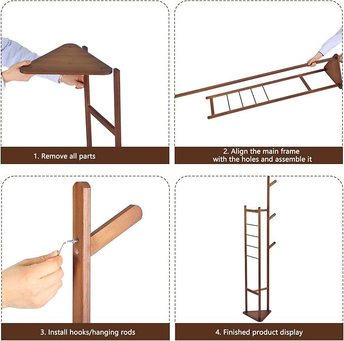 Multifunctional Coat Rack with Three Main Rods, Solid Bamboo Coat Tree with Top Hanging Bar & Shoe Base, Heavy Duty Clothes Rack for Coats Jackets Suits, Easy Assembly, Natural Wood