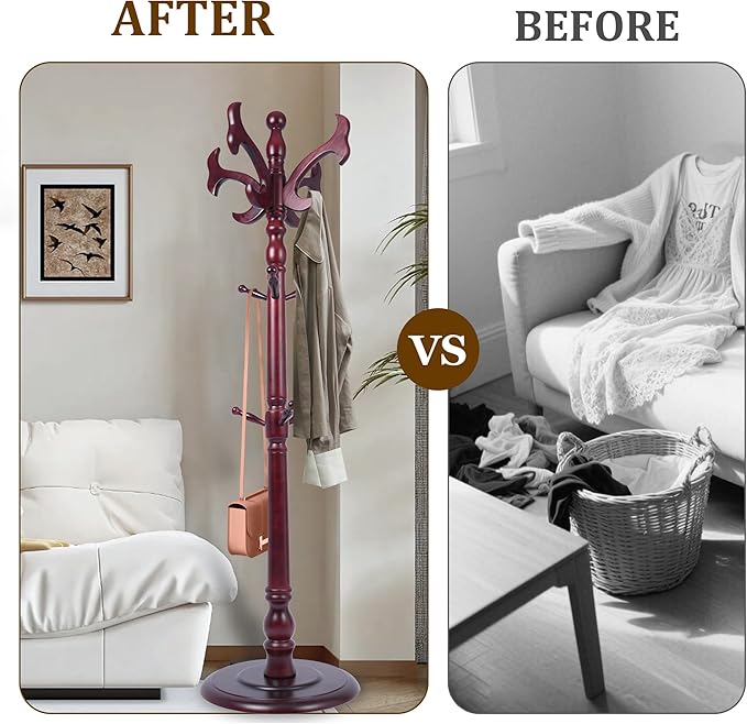 Free Standing Coat Rack with 14 Hooks, Vintage Wooden Coat Tree, Adjustable Height 73 Inches, Retro Coat Stand for Entryway, Living Room, Office & Bedroom (Mahogany) (fishtail, 1 PCS)