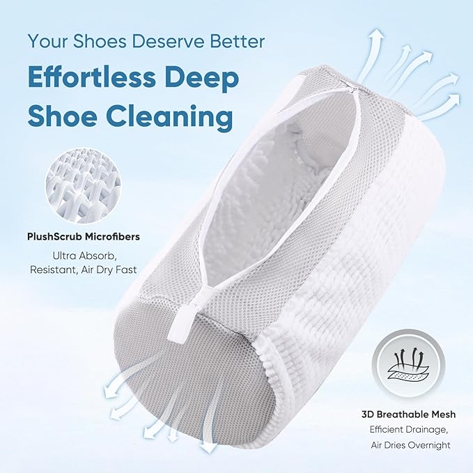 Shoe Washing Machine Bag 2pcs-Reusable Laundry Shoe Bag with Hidden Zipper, 360° Deep Protective XXL Cleaning Bags for Washer and Dryer，Shoe Trees for Sneakers Tennis- Home Travel Essentials, White