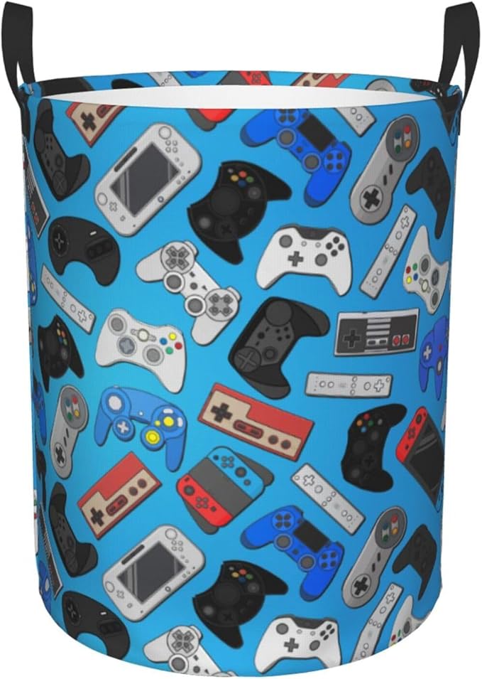 Video Game Controller Background Round Laundry Hamper Gaming Theme Game Joysticks Storage Basket Toys Clothes Organizer Bin For Home Bathroom Bedroom Dorm Nursery, 38l