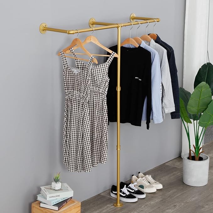 Industrial Pipe Clothes Rack, Heavy Duty Wall Mounted Black Iron Garment Bar,Retail Display Rack Closet Storage Clothes Organizer (47.2, Gold)