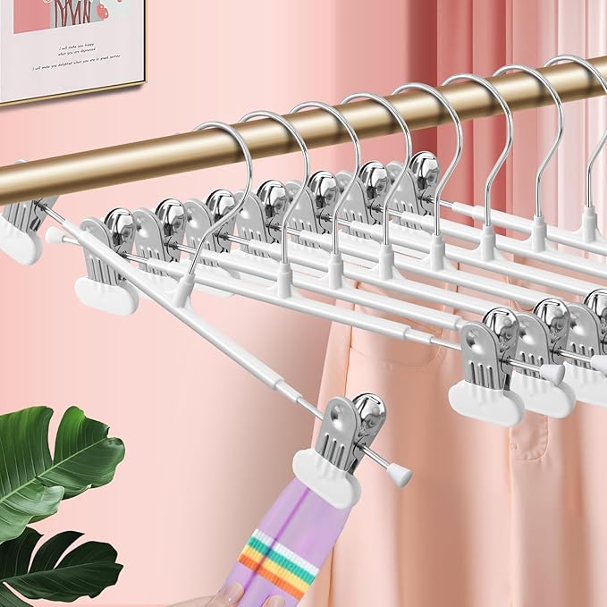 14Inch Clothes Pants Hangers with Wide Clips 50 Pack,Non-Slip Adjustable Skirt Hanger for Women,Space-Saving Heavy Duty Men Hangers for Pants,Trousers,Jeans,Shorts,White