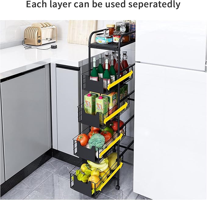 WHIFEA 5 Tier Slim Rolling Cart with Pull-Out Drawers, Multi-Layer Narrow Storage Shelf Organizer on Wheels, Metal Wire Baskets for Fruit, Dishes, Freestanding Unit for Kitchen, Bathroom, Home Office