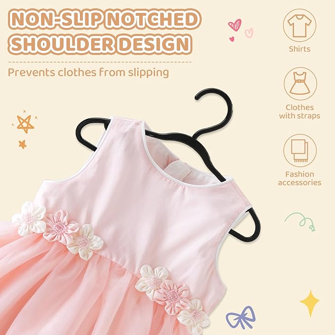 60 Pack Black Baby Hangers 11.42 Inch - Kids Non-Slip Clothes Hangers for Infant & Child, Durable Plastic Children's Hangers for Closet, Pants, Coats, Skirts