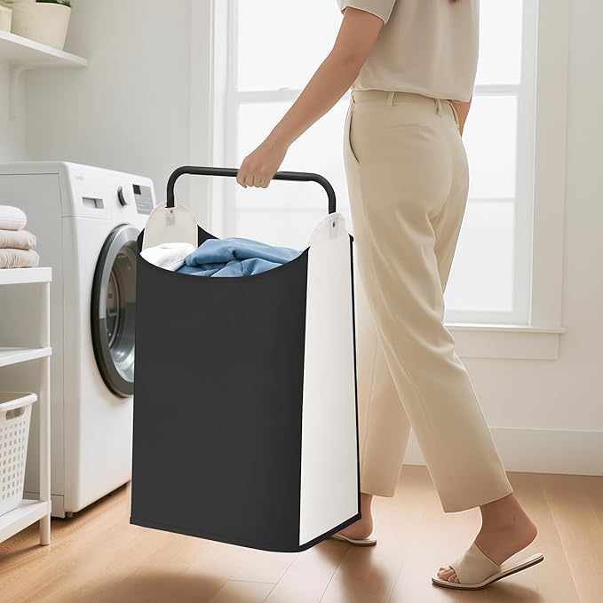 STORAGE MANIAC Large Laundry Hamper with Sturdy Metal Handle, Collapsible Laundry Basket, Freestanding Waterproof Clothes Hamper for Laundry Room, Bedroom, Dorm, Towels, Toys, Black & White