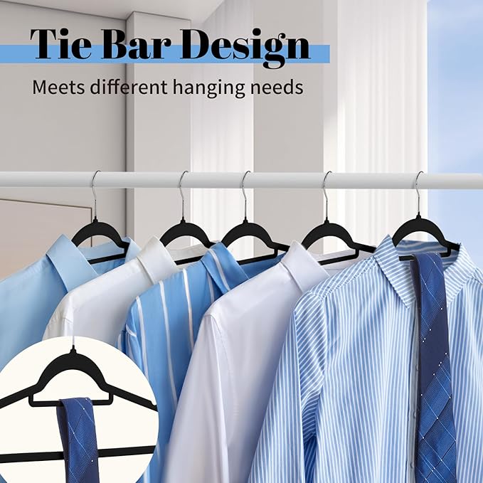 Smartor Black Velvet Hangers 20 Pack, Space Saving Clothes Hangers with Tie Bar, Non-Slip Felt Hanger with Shoulder Notches, Heavy Duty Suit Hanger for Coat, Shirt, Pants, Dress
