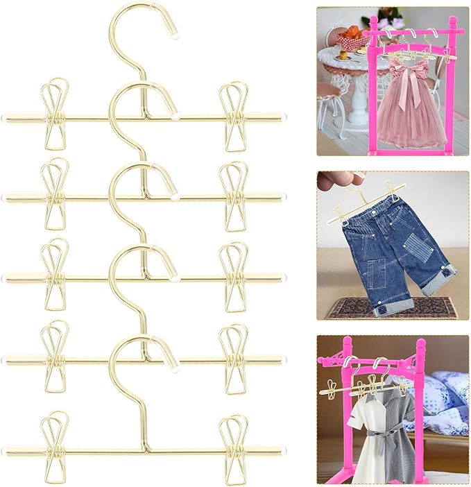 Luxshiny Mini Doll Clothes Hangers 5 Pcs Metal Wardrobe Accessories for Doll Dresses Shirts Pants Display 2.95In Durable Miniature Hangers for Dollhouse Decor
