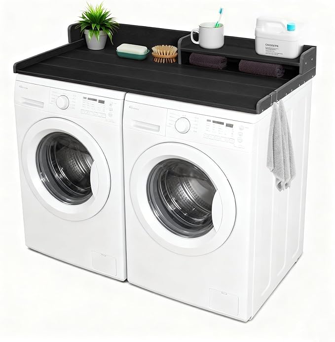Washer and Dryer Countertop with Shelf, HDPE 2-Tier Laundry Countertop, 54" Wide Laundry Machine Topper with 2 Hooks & Non-Slip Pads for Laundry Room Organization and Folding Clothes (Black)