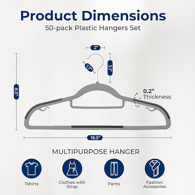 SereneLife 50-Pack Grey Plastic Clothes Hangers with Rubber Pads, Durable, Non-Slip, 360° Swivel Metal Hook, Space-Saving Ultra-Thin, Weight Capacity 6 lbs for Shirts, Dresses & Closet Organization