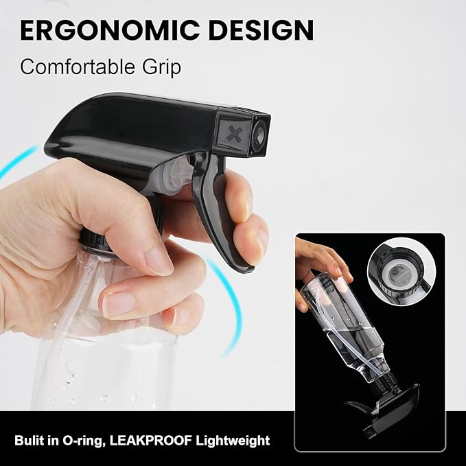 Spray Bottles 12oz/350ml Empty Spray Bottle for Hair Plastic Mist/Stream Spraying Heavy Duty Spray Bottles for Cleaning Solutions, Plants 2 Pack (BlackClear2pcs)
