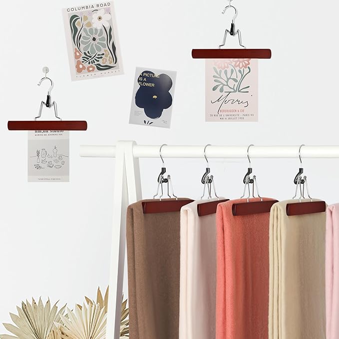 TOPIA HANGER 12 Pack Wooden Pants Hangers, Hair Extension Hangers Non Slip Skirt Hanger Wood Clamp with Velvet Padded 360° Swivel Hook for Jeans, Skirts, Trousers, Wigs Cherry CT67M