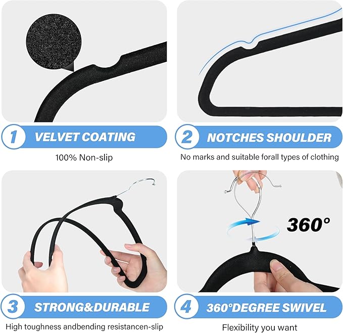 YSSOA Velvet Hangers 50 Pack, Non-Slip Clothes Hangers with Shoulder Notches, Heavy Duty Coat Suit Hangers with 360° Swivel Hooks, Black