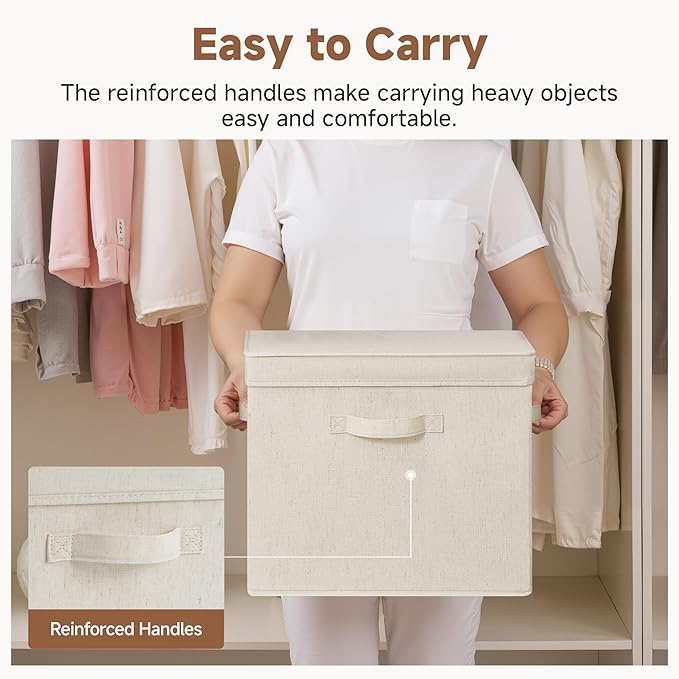 StorageWorks Fabric Storage Bins with Lids, Stackable Closet Storage Boxes with Handles, Decorative Storage Organizers, 15" x11¼x12½, Beige, 2-Pack