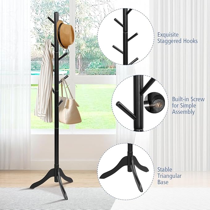 Tangkula Wooden Tree Coat Rack Freestanding, Entryway Coat Stand with 8 Hooks, Height Adjustable Coat Tree, Coat Hanger Stand for Home Office Hall Entryway