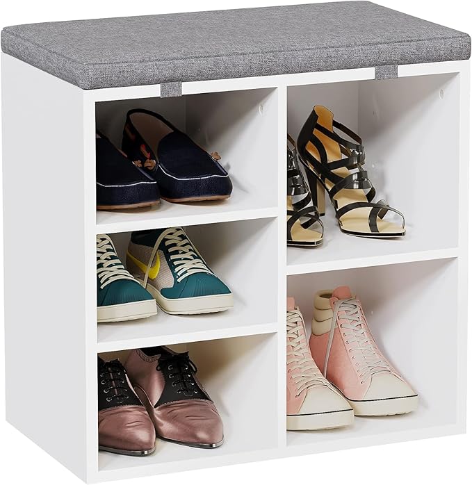 IDEALHOUSE Shoe Storage Bench with Cushion for Entryway, 20" Storage Rack Bench with Padded Seat, Cubby Seat Shoe Cabinet with 3-Tier Adjustable Shelf for Living Room Hallway, White
