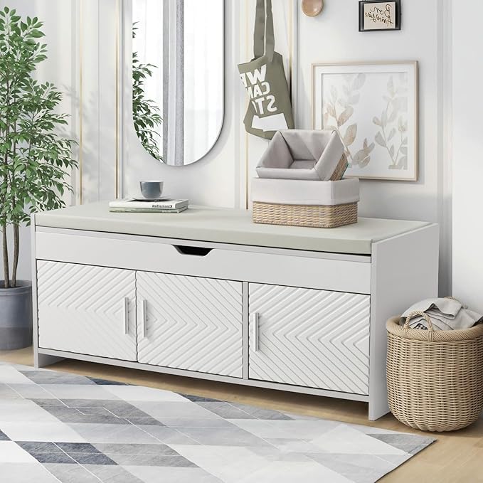 ECOTOUGE Storage Bench, Shoe Bench with Lift Top Storage, Wooden Entryway Bench with Cushioned Seat, Adjustable Shelf for Living Room, Bedroom, Hallway, Light Grey