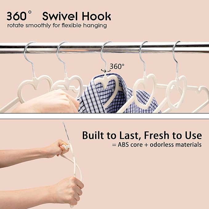 Velvet Clothes Hangers 20 Pack – 16" Non-Slip Slim ABS Hangers with 360° Swivel Hook and Heart Accent, Dry Use for Shirts, Dresses, Pants, Ties – Ivory