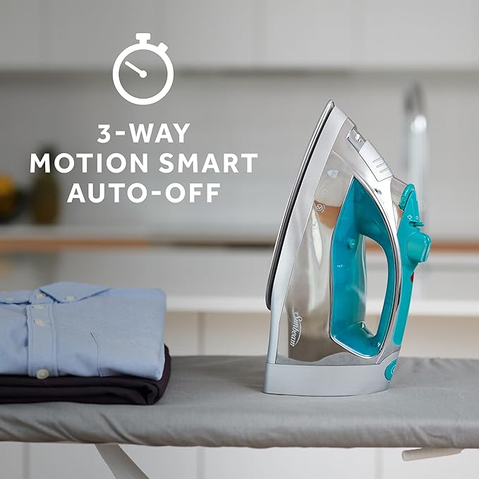 Sunbeam Turbo Steam Iron 1400W Quick Heat Stainless Steel Soleplate Shot of Steam Horizontal and Vertical 3 Way Auto Off 240ml Water Tank White Teal